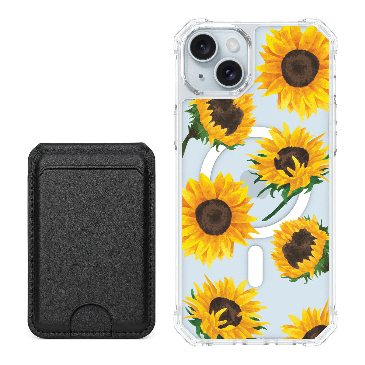 Scooch MagCase Sunflower Frenzy for iPhone 15 Plus — Black MagWallet Bundle