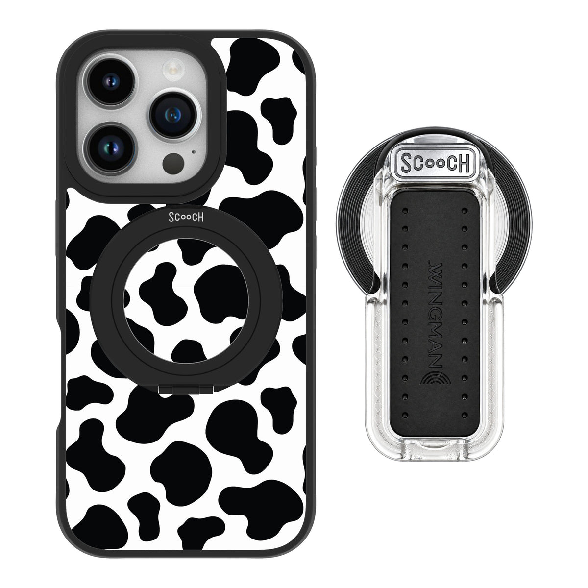 Scooch MagCase Cow Print for iPhone 16 Pro — MagSafe Wingback Bundle - Clear
