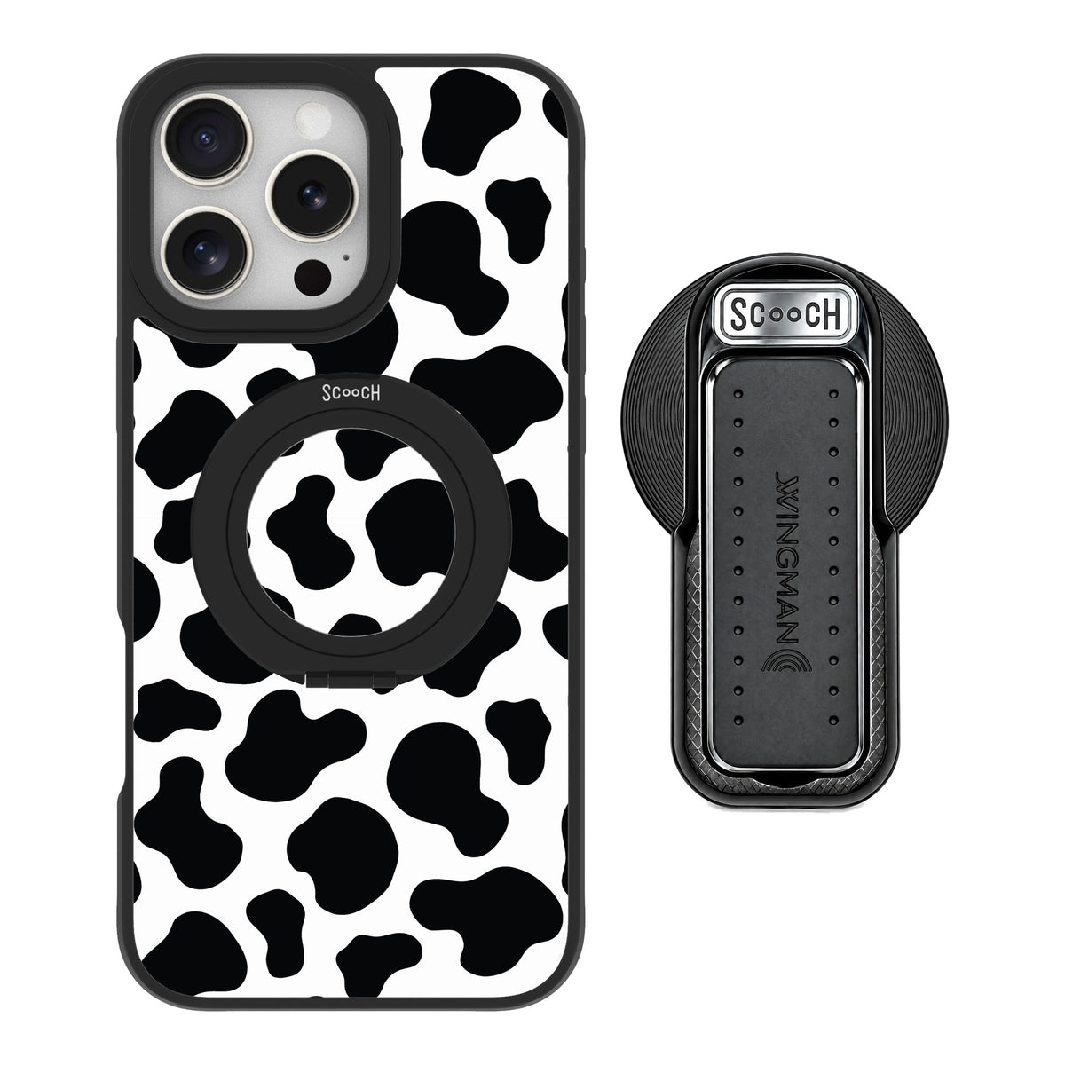 Scooch MagCase Cow Print for iPhone 16 Pro Max — MagSafe Wingback Bundle - Black