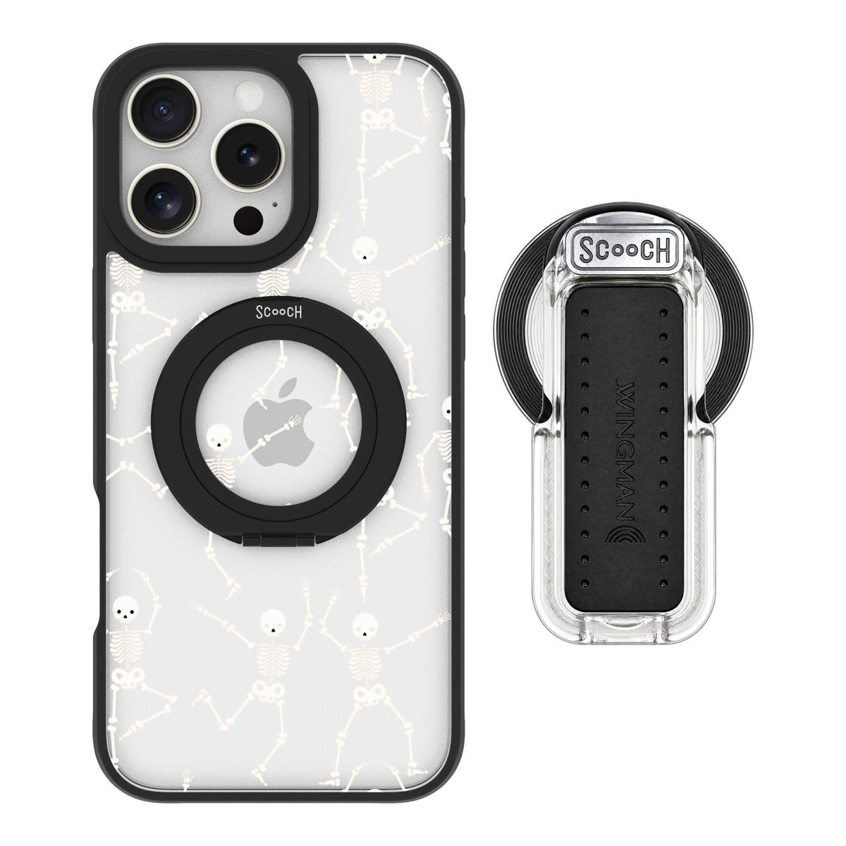 Scooch MagCase Swinging Skeletons for iPhone 16 Pro Max — MagSafe Wingback Bundle - Clear