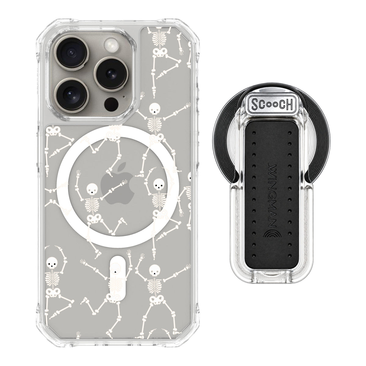 Scooch MagCase Swinging Skeletons for iPhone 15 Pro — MagSafe Wingback Bundle - Clear
