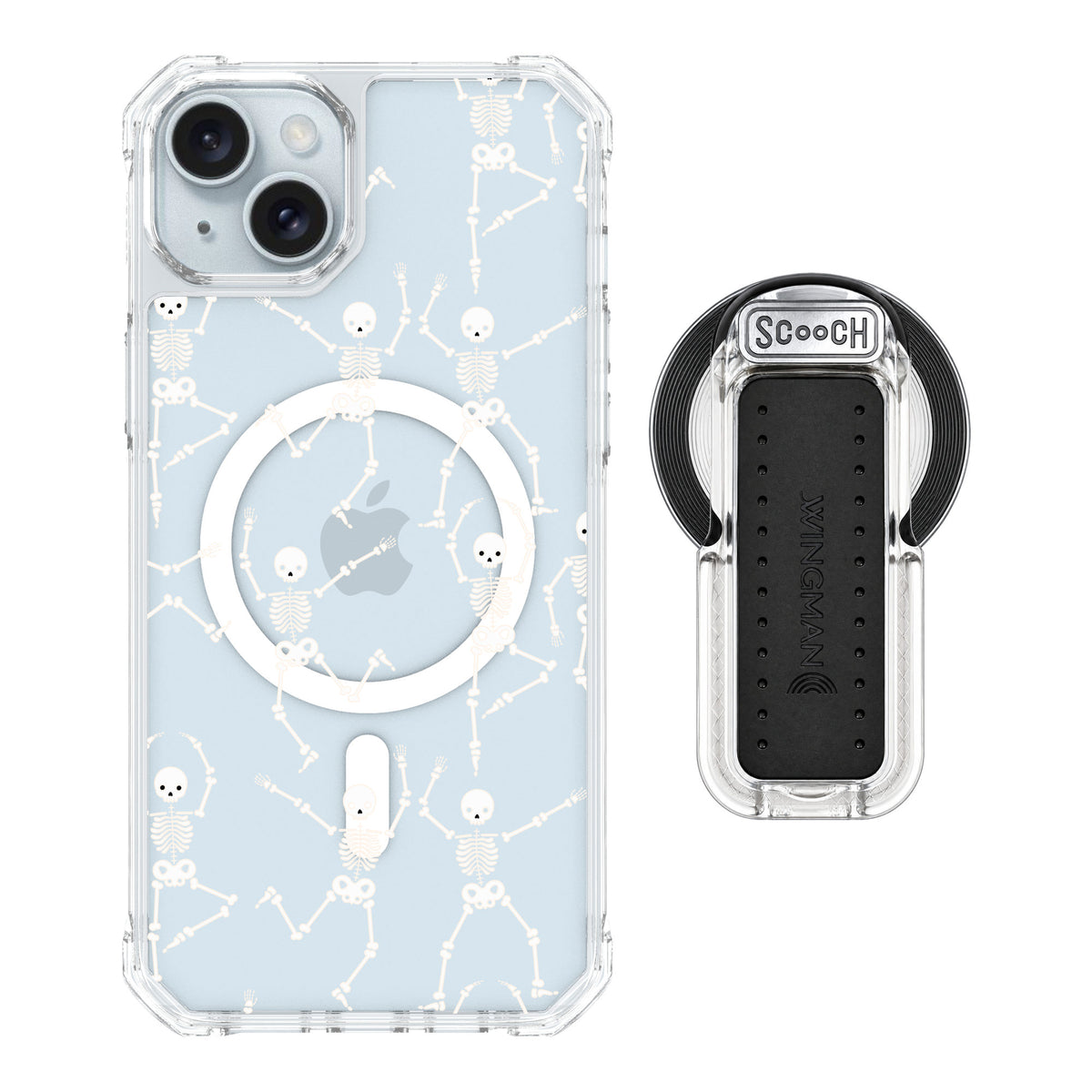 Scooch MagCase Swinging Skeletons for iPhone 15 Plus — MagSafe Wingback Bundle - Clear