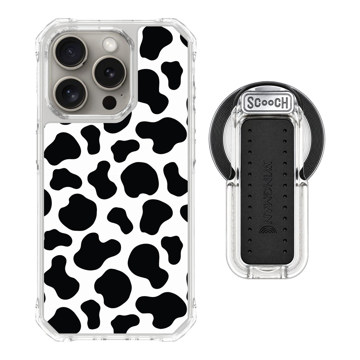 Scooch MagCase Cow Print for iPhone 15 Pro — MagSafe Wingback Bundle - Clear