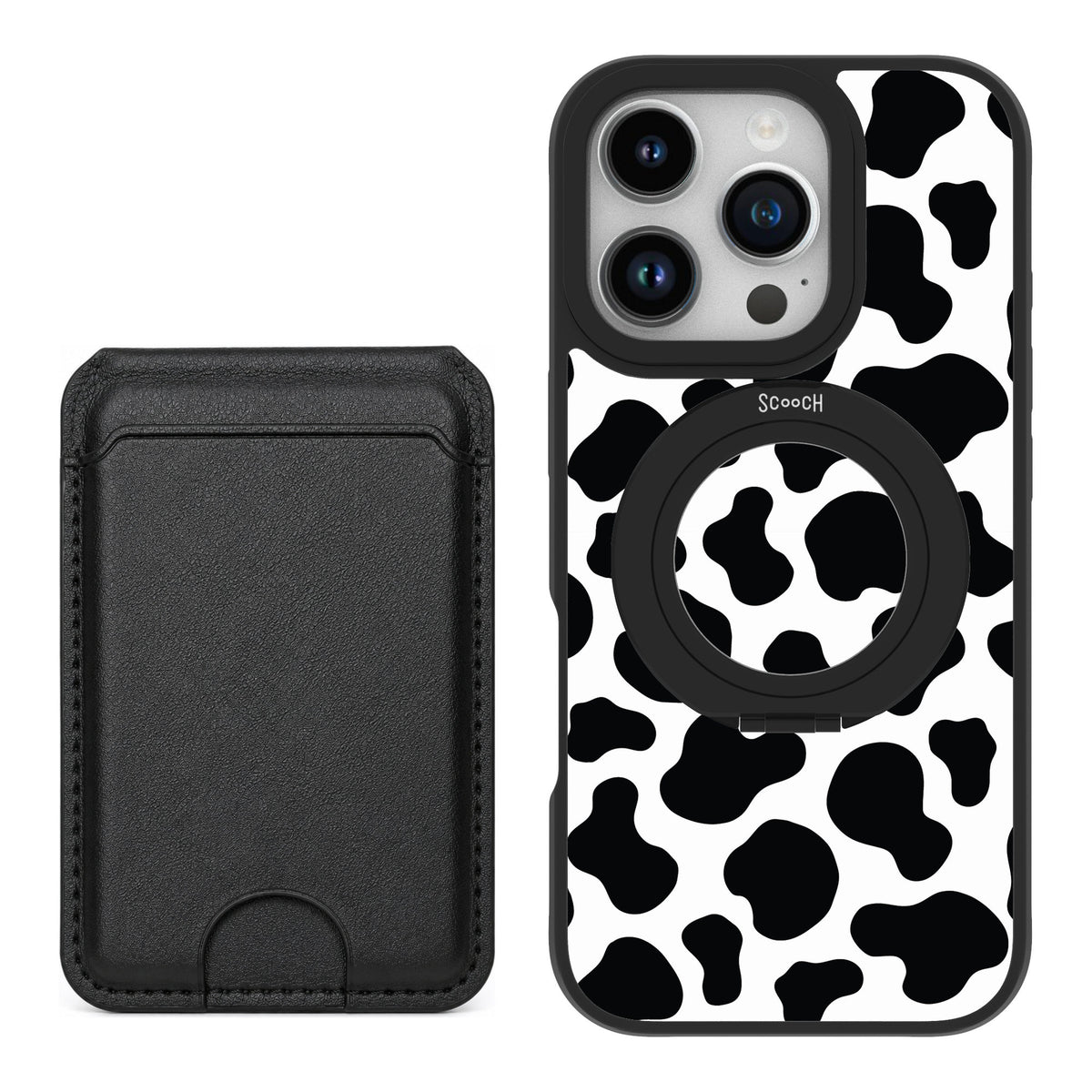 Scooch MagCase Cow Print for iPhone 16 Pro — Black MagWallet Bundle