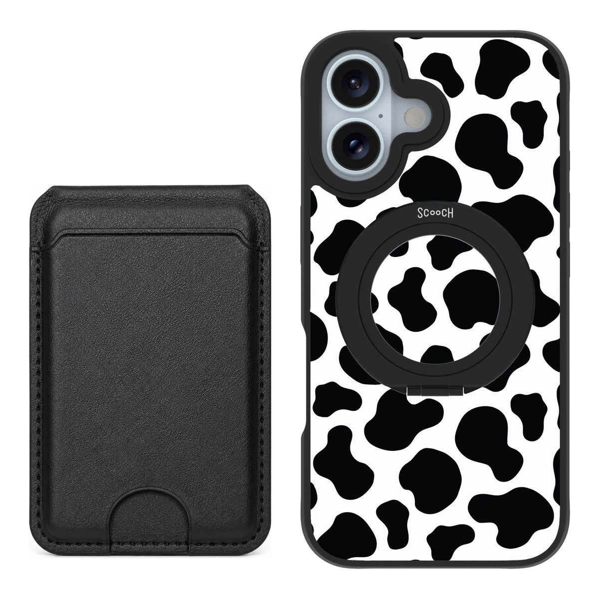 Scooch MagCase Cow Print for iPhone 16 — Black MagWallet Bundle