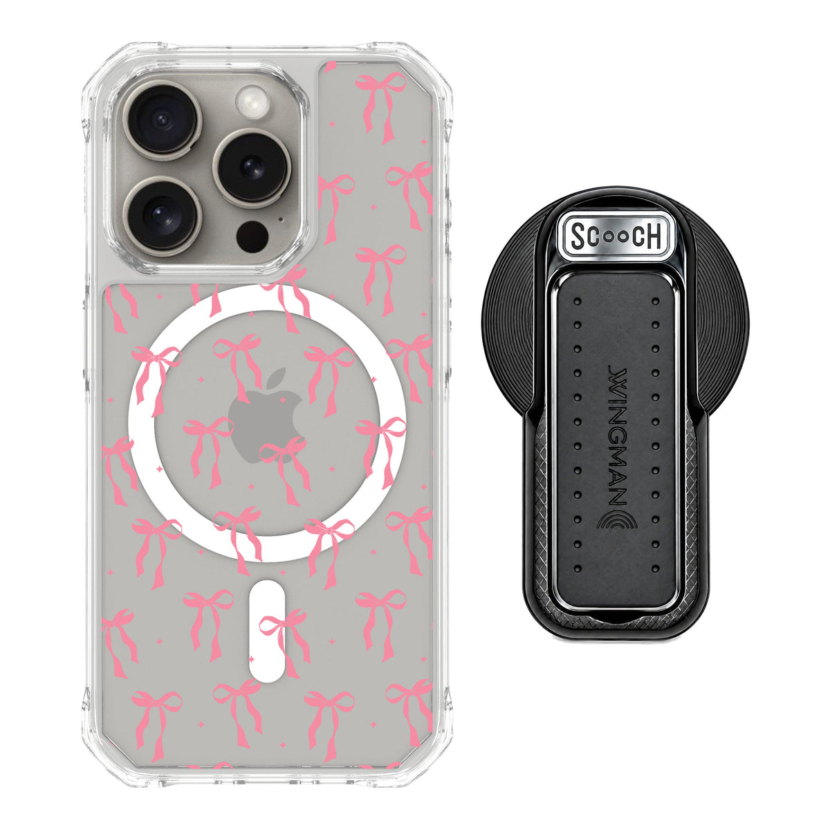 Scooch MagCase Pink Bows for iPhone 15 Pro — MagSafe Wingback Bundle - Black