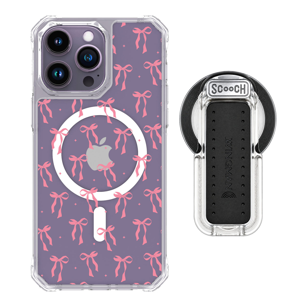 Scooch MagCase Pink Bows for iPhone 14 Pro Max — MagSafe Wingback Bundle - Clear