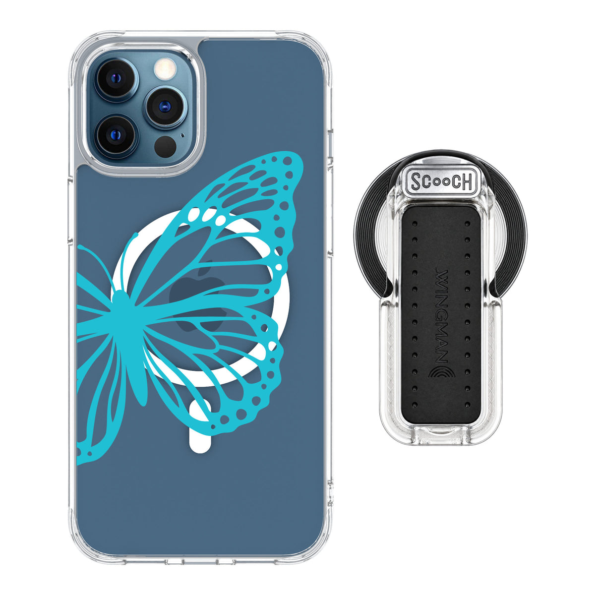 Scooch MagCase Azure Butterfly for iPhone 12 Pro — MagSafe Wingback Bundle - Clear