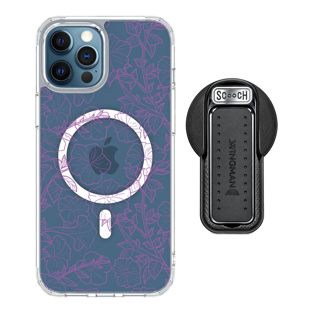 Scooch MagCase Purple Petunias for iPhone 12 Pro — MagSafe Wingback Bundle - Black