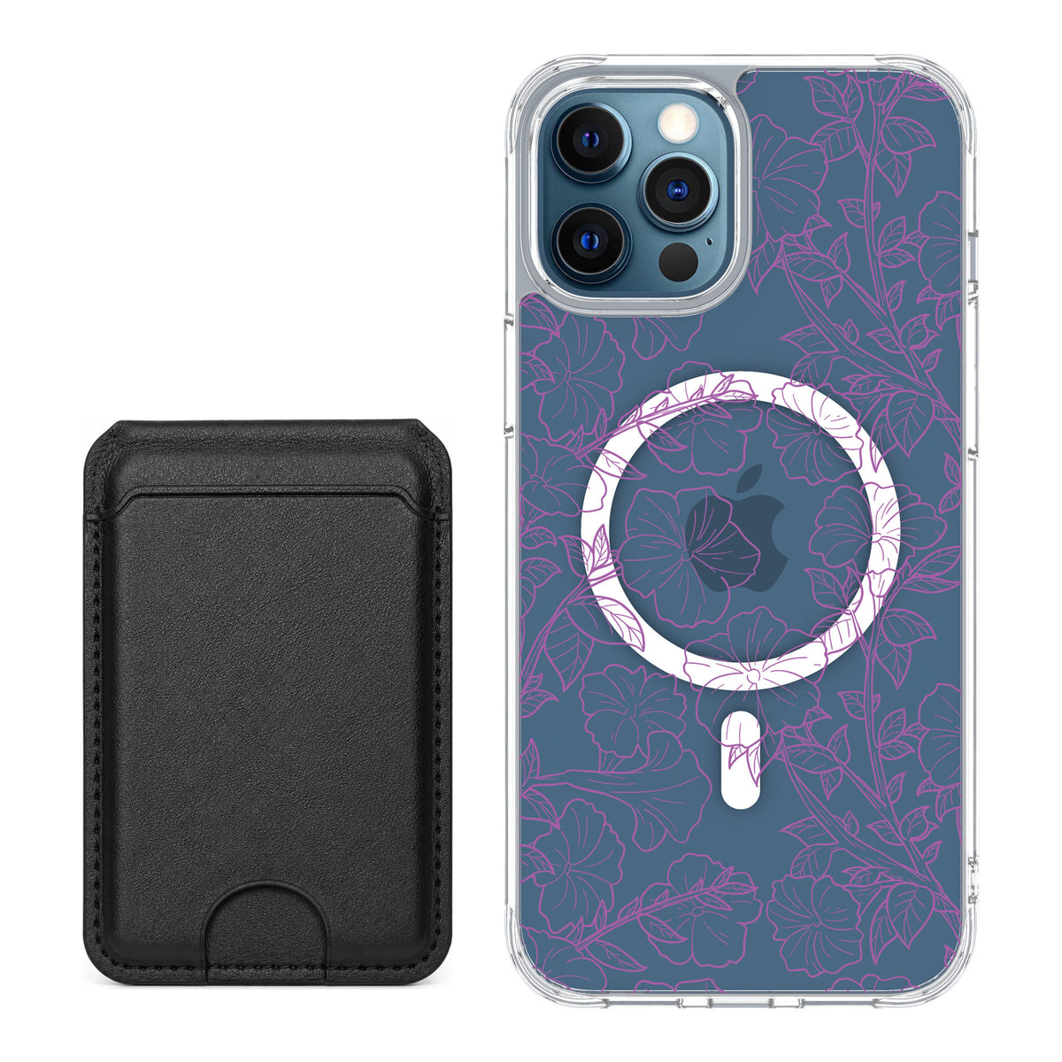 Scooch MagCase Purple Petunias for iPhone 12 Pro — Black MagWallet Bundle