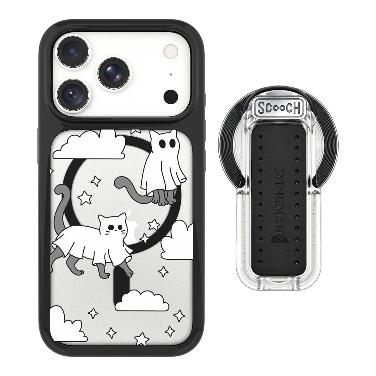 Scooch MagCase Scaredy Cats for iPhone 18 Pro Max — MagSafe Wingback Bundle - Clear