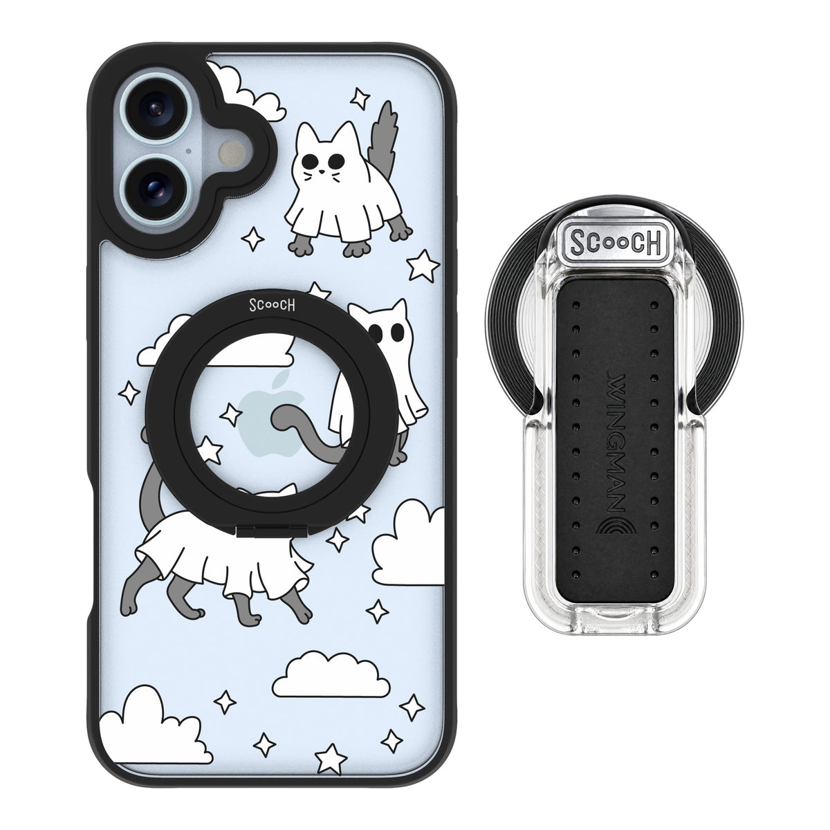 Scooch MagCase Scaredy Cats for iPhone 16 Plus — MagSafe Wingback Bundle - Clear