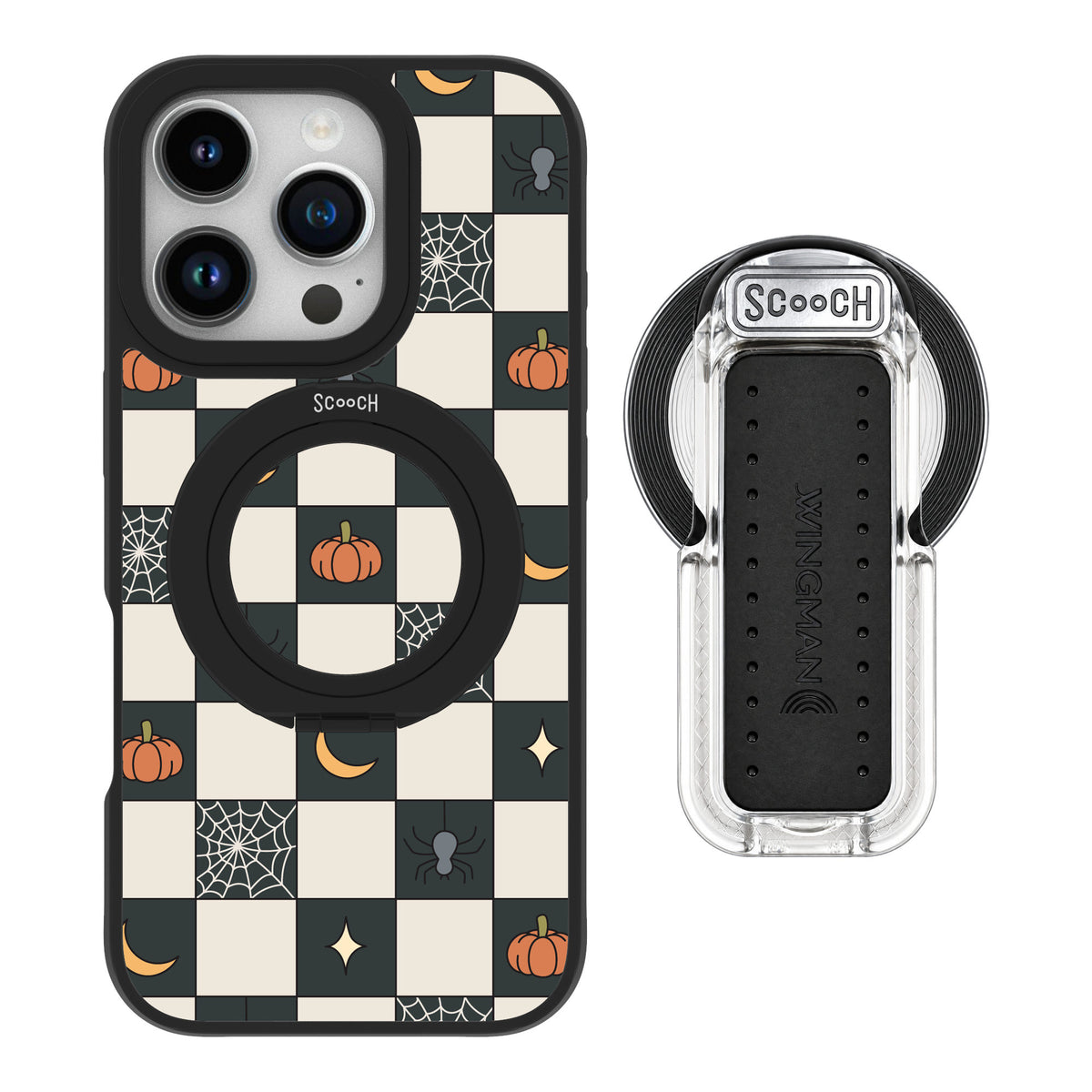 Scooch MagCase Spooky Squares for iPhone 16 Pro — MagSafe Wingback Bundle - Clear
