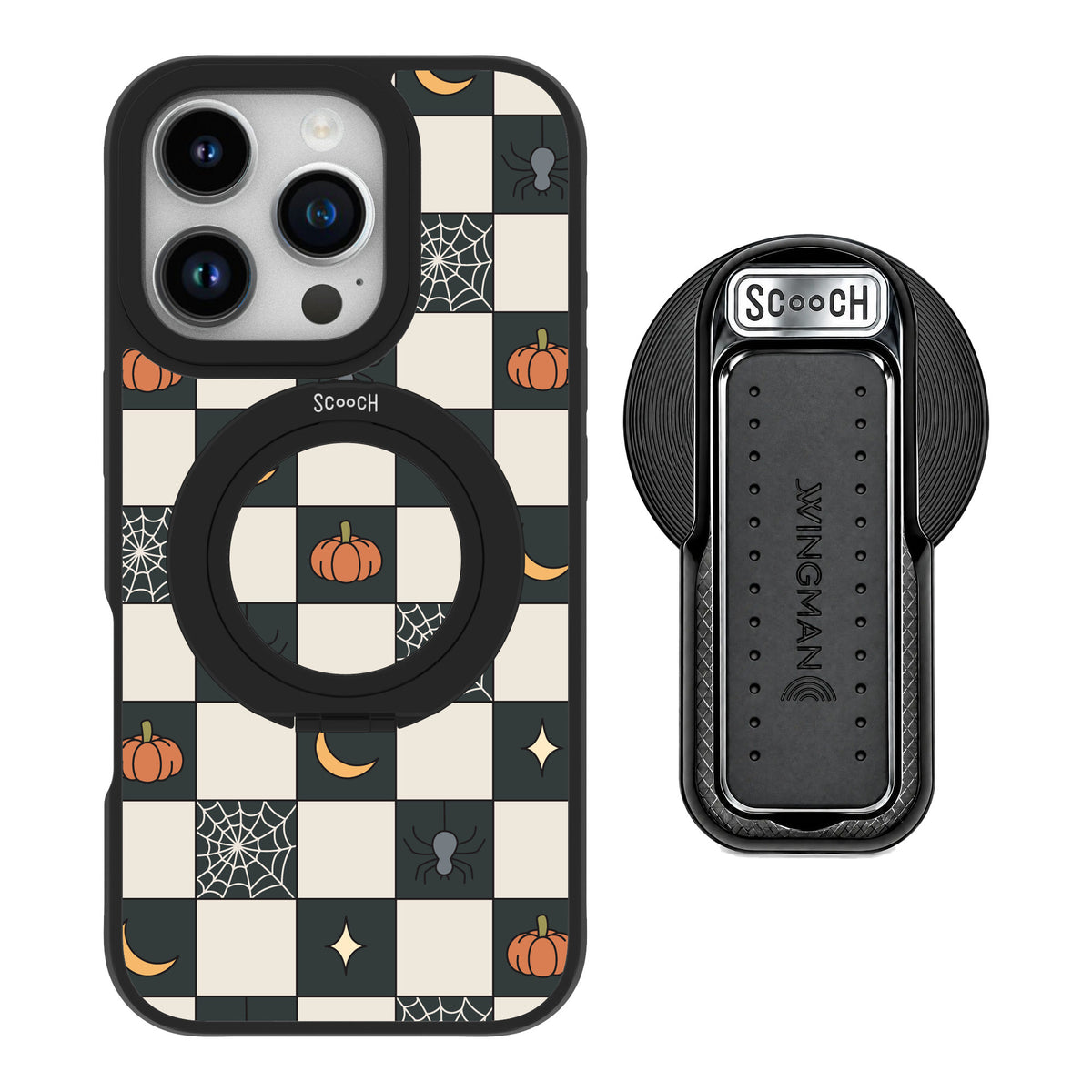 Scooch MagCase Spooky Squares for iPhone 16 Pro — MagSafe Wingback Bundle - Black