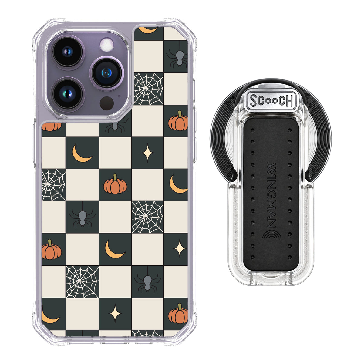 Scooch MagCase Spooky Squares for iPhone 14 Pro — MagSafe Wingback Bundle - Clear