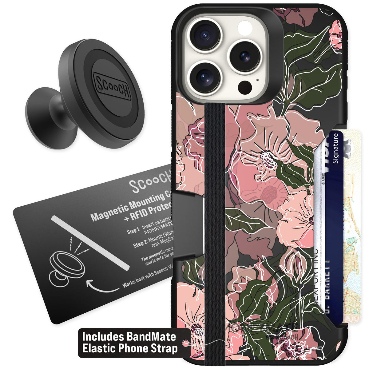 Scooch Moneymate Blush Botanical for iPhone 16 Pro Max — Starter Bundle