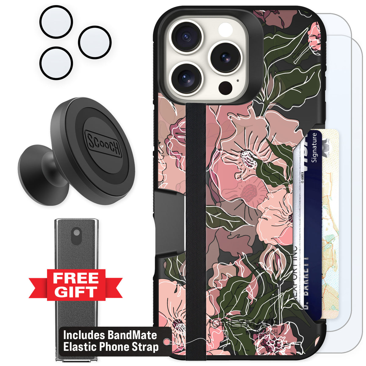 Scooch Moneymate Blush Botanical for iPhone 16 Pro Max — Defender Bundle