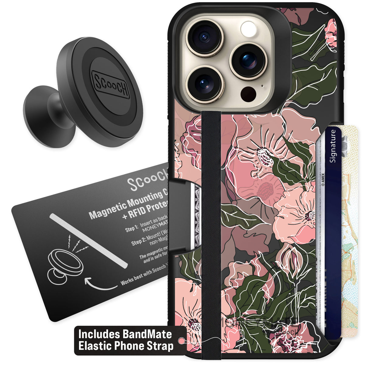 Scooch Moneymate Blush Botanical for iPhone 15 Pro — Starter Bundle
