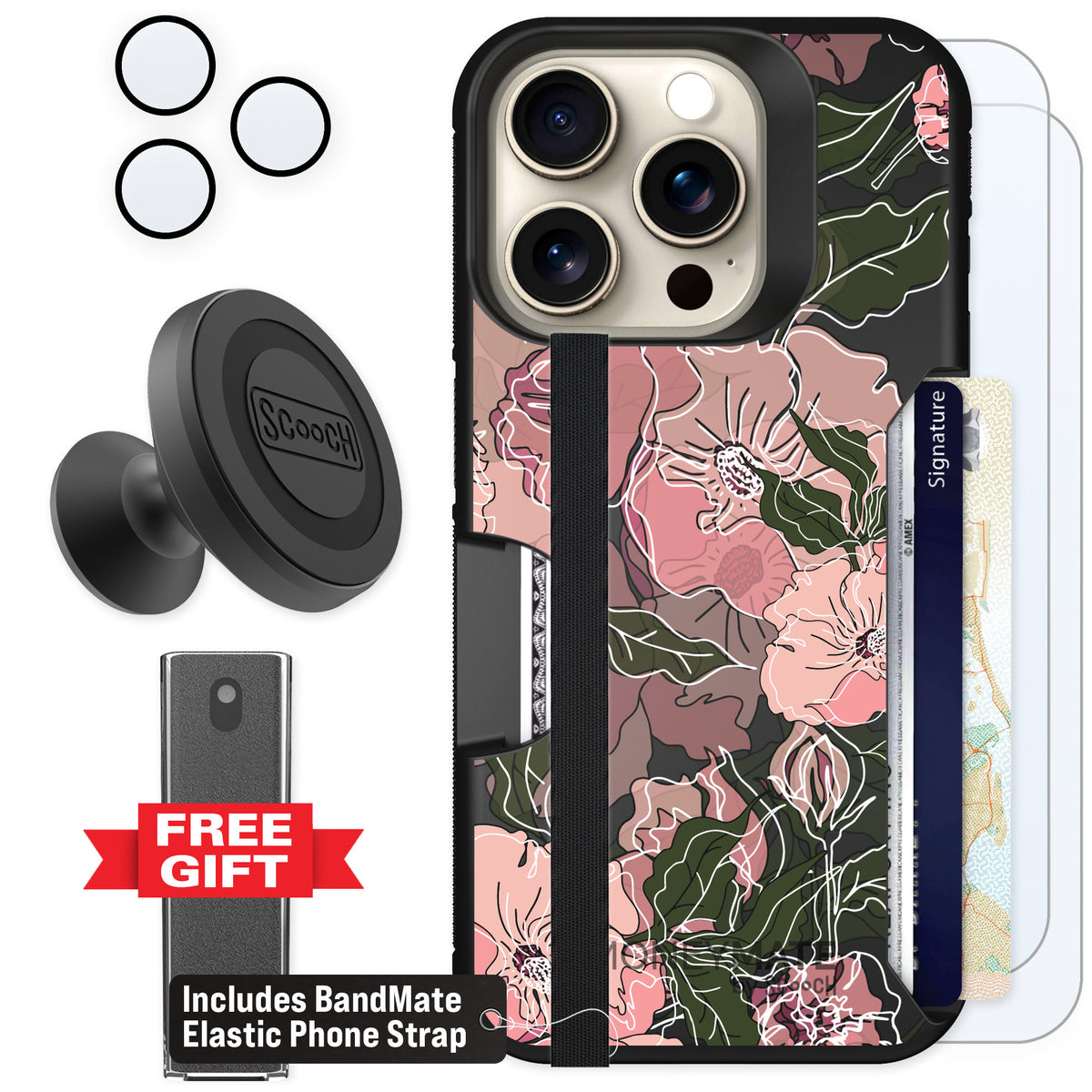 Scooch Moneymate Blush Botanical for iPhone 15 Pro — Defender Bundle