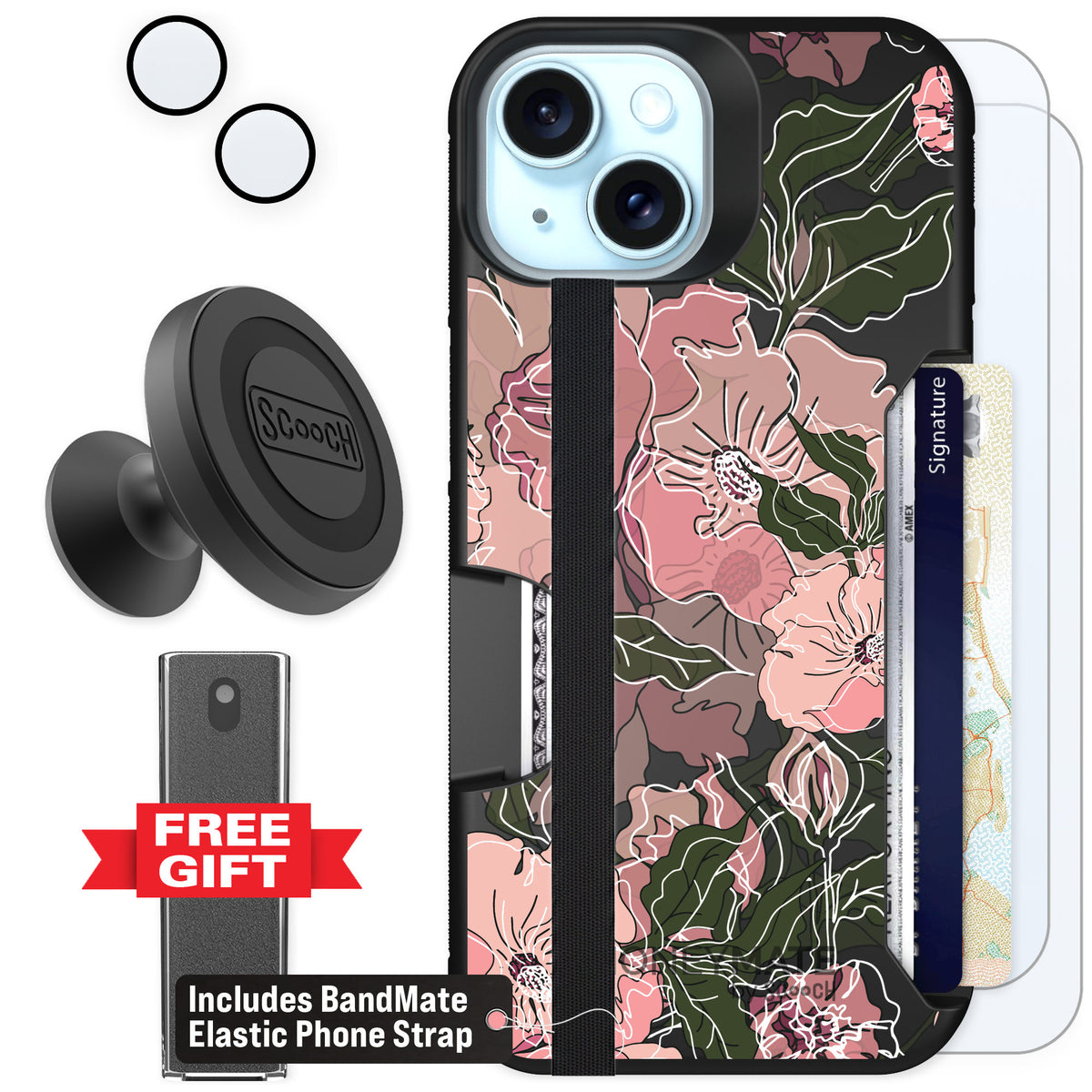 Scooch Moneymate Blush Botanical for iPhone 15 — Defender Bundle