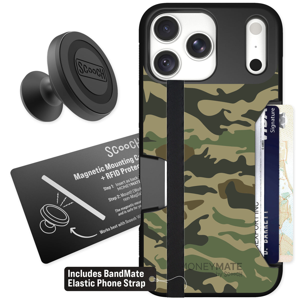 Scooch Moneymate Classic Camo for iPhone 18 Pro Max — Starter Bundle