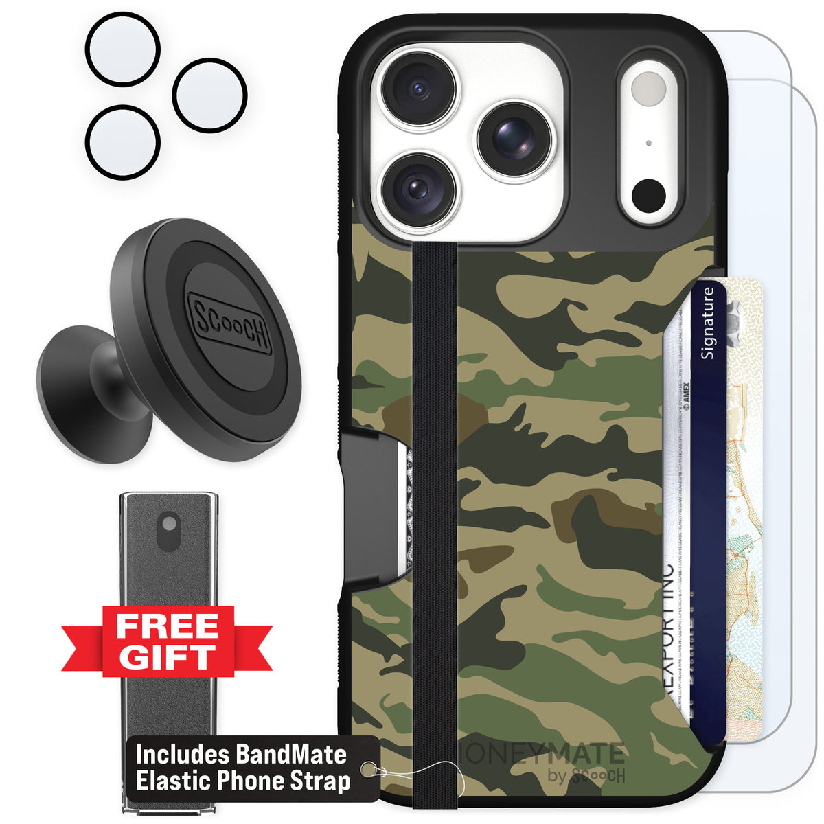Scooch Moneymate Classic Camo for iPhone 18 Pro — Defender Bundle