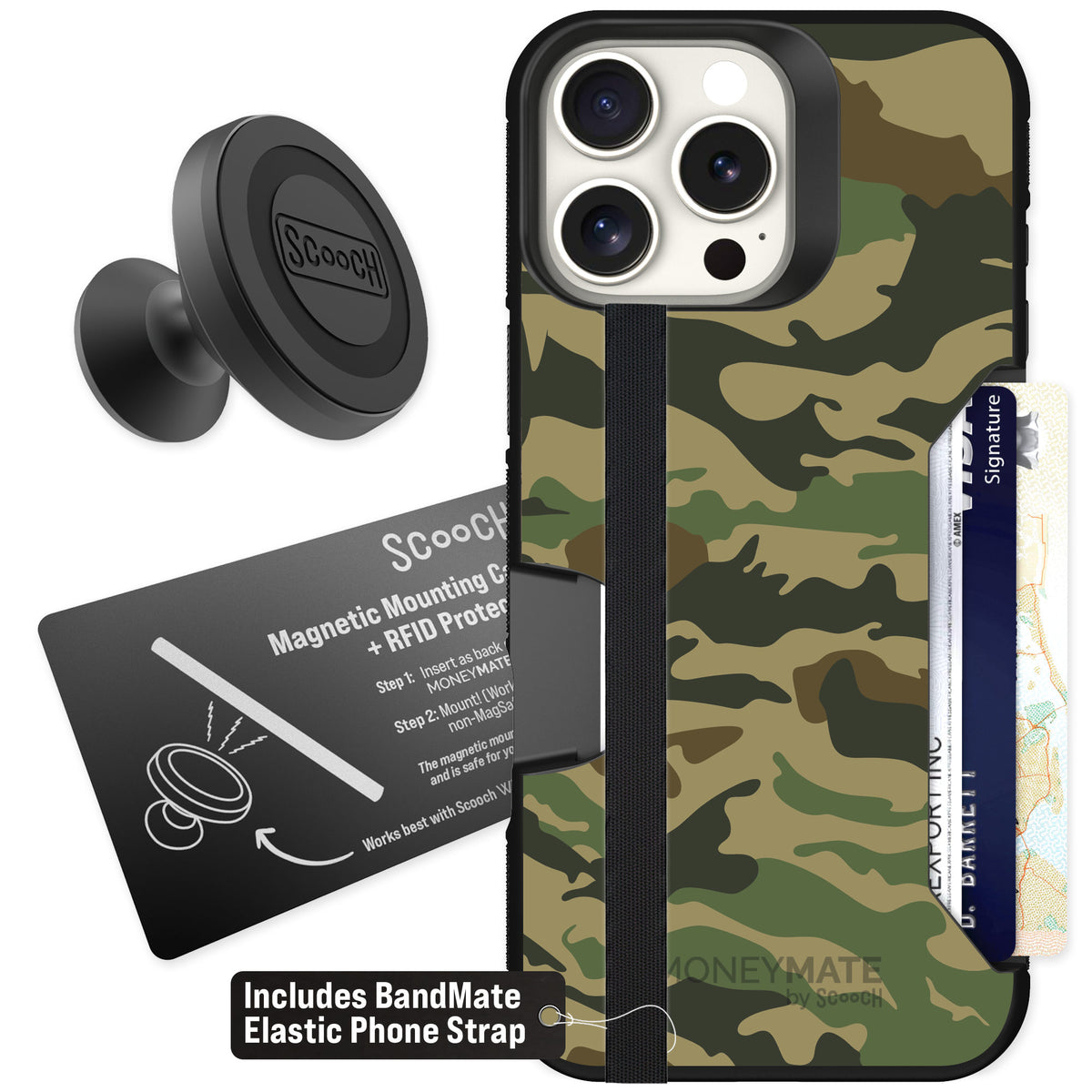 Scooch Moneymate Classic Camo for iPhone 16 Pro Max — Starter Bundle