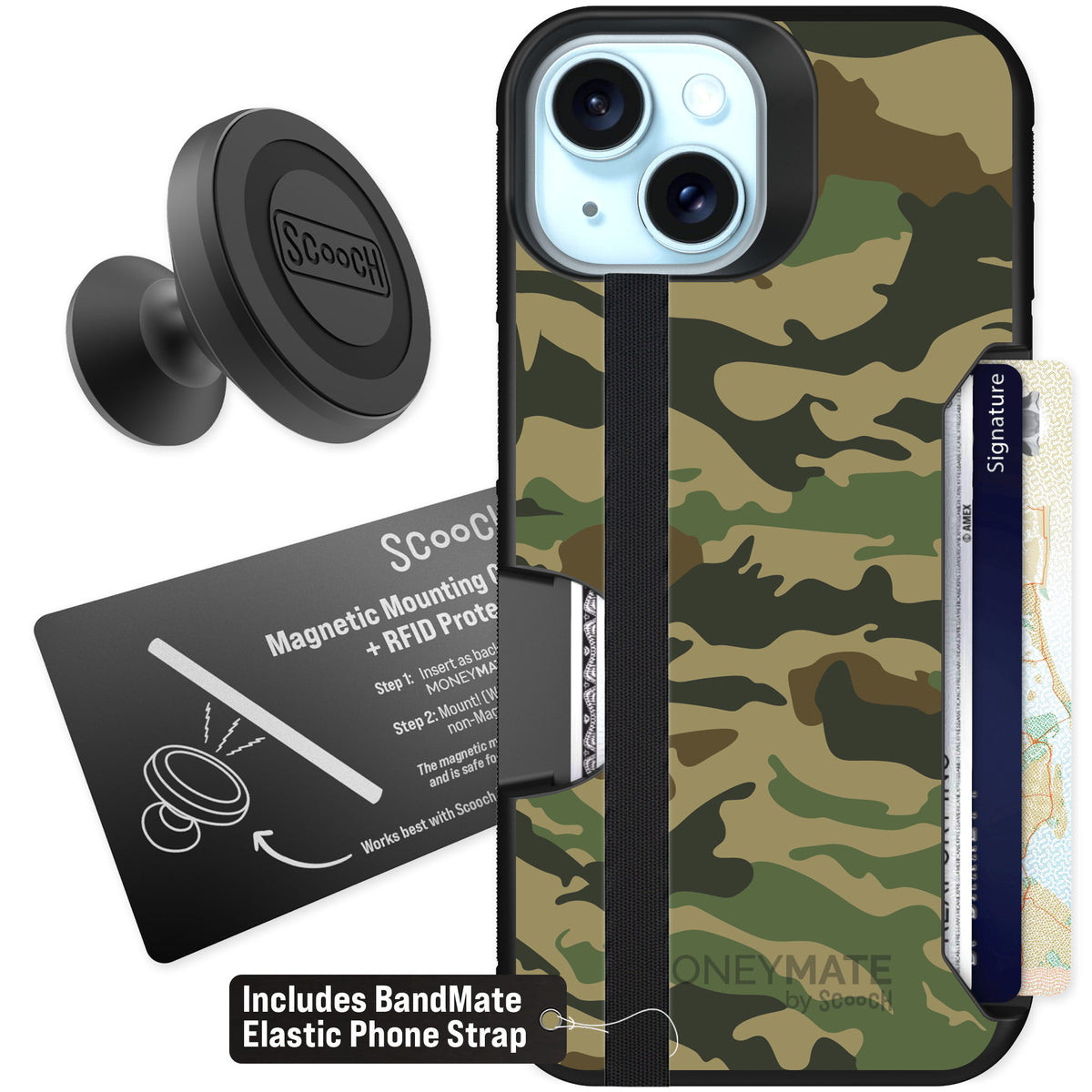 Scooch Moneymate Classic Camo for iPhone 15 — Starter Bundle