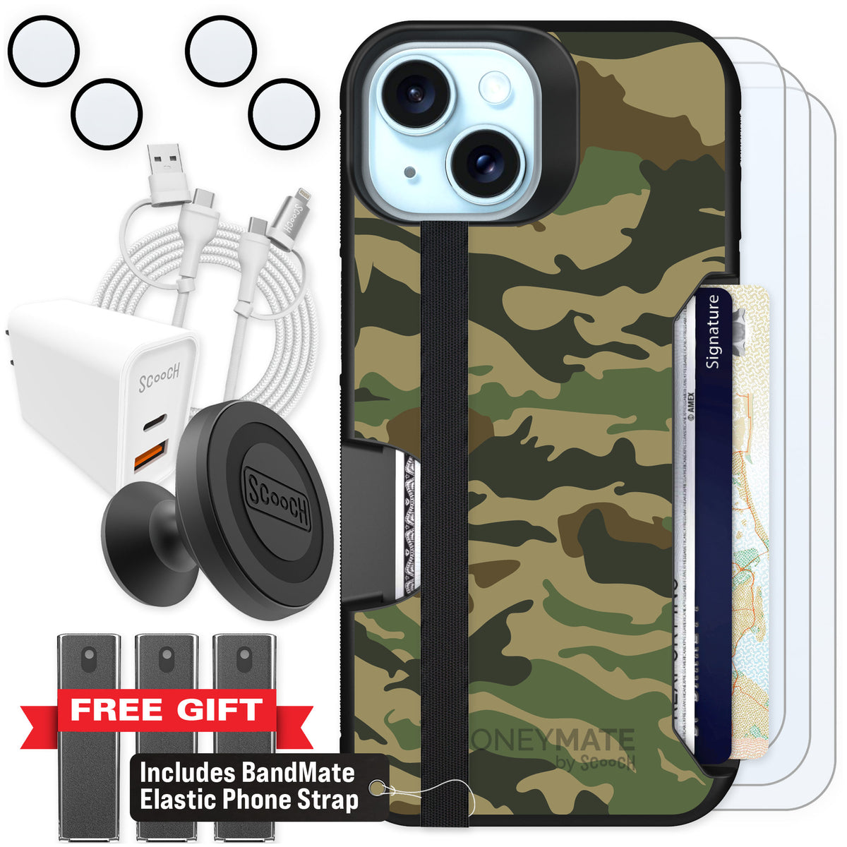 Scooch Moneymate Classic Camo for iPhone 15 — Ultimate Bundle