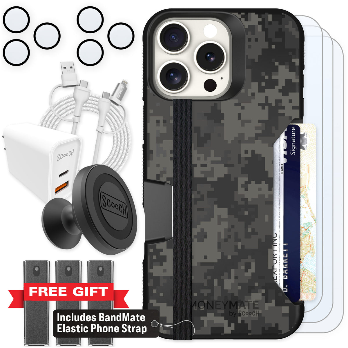 Scooch Moneymate Digi Camo for iPhone 16 Pro Max — Ultimate Bundle