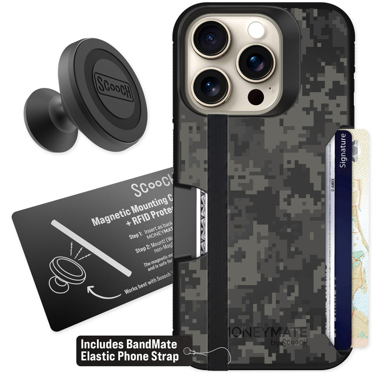 Scooch Moneymate Digi Camo for iPhone 15 Pro — Starter Bundle