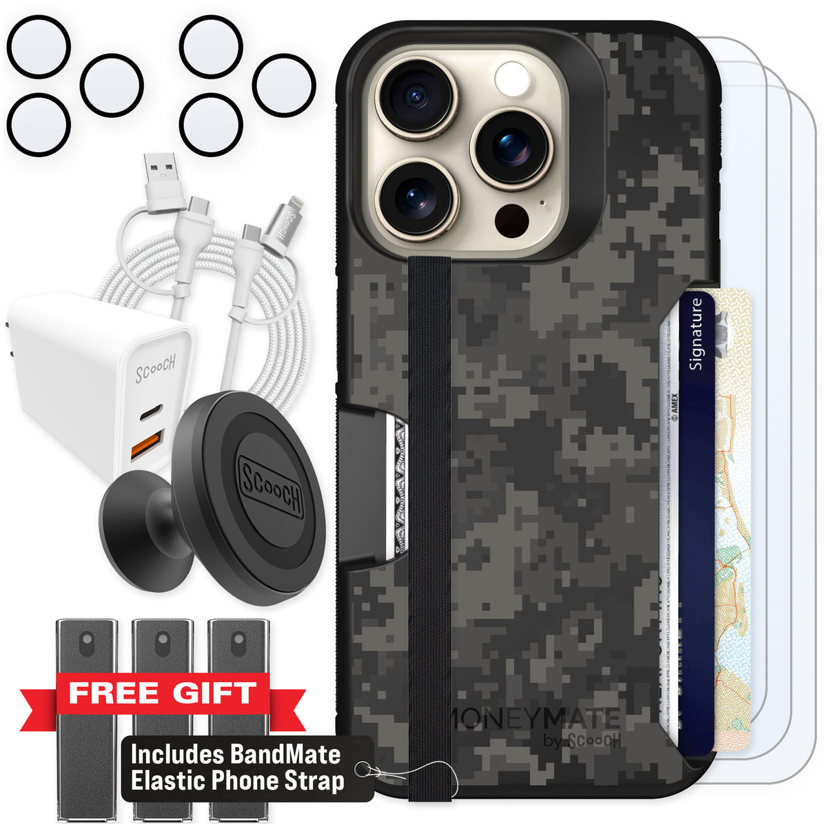 Scooch Moneymate Digi Camo for iPhone 15 Pro — Ultimate Bundle