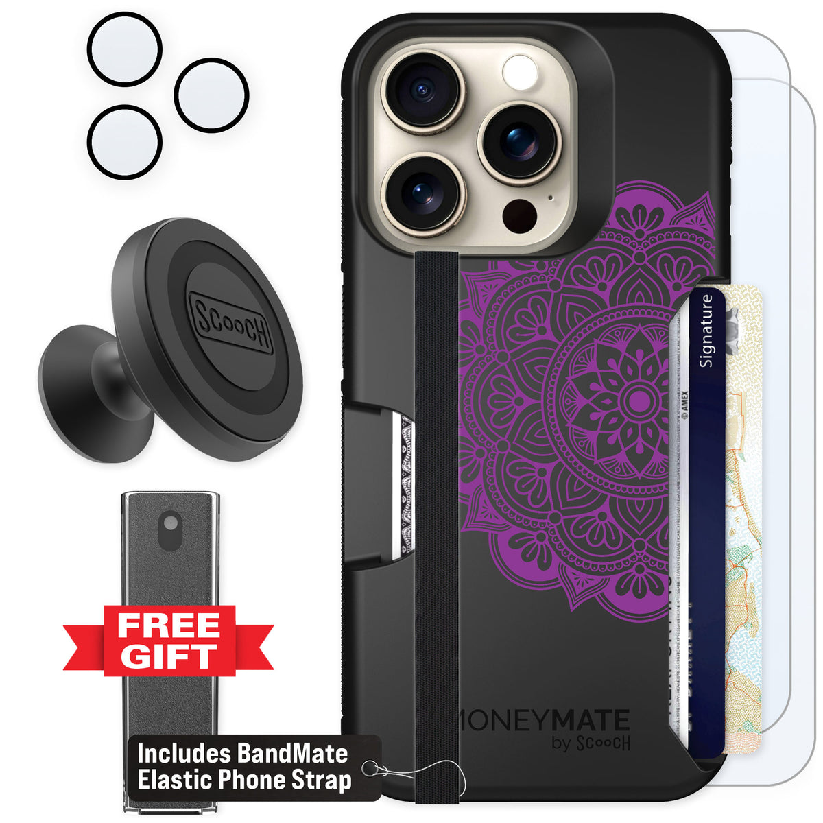 Scooch Moneymate Mandala Dreams for iPhone 15 Pro — Defender Bundle