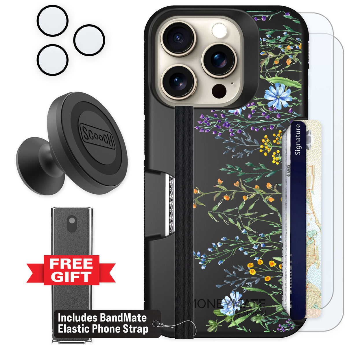 Scooch Moneymate Meadow Bloom for iPhone 15 Pro — Defender Bundle