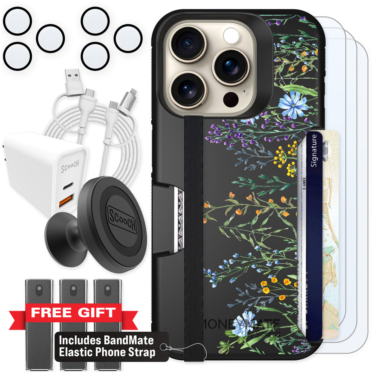 Scooch Moneymate Meadow Bloom for iPhone 15 Pro — Ultimate Bundle