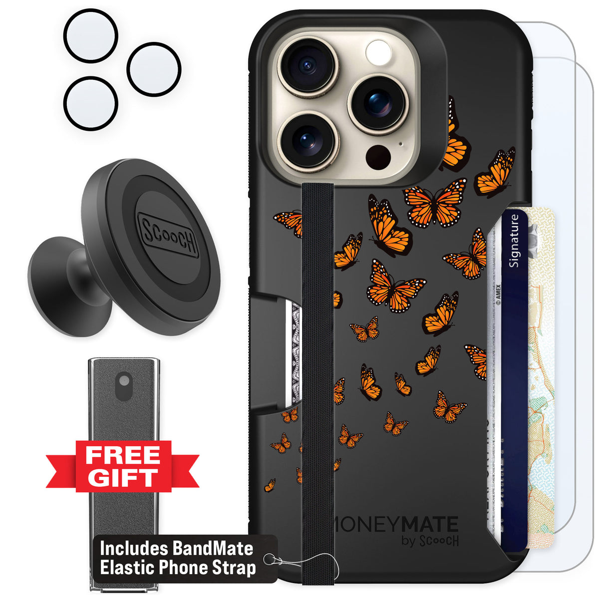 Scooch Moneymate Monarch Flight for iPhone 15 Pro — Defender Bundle