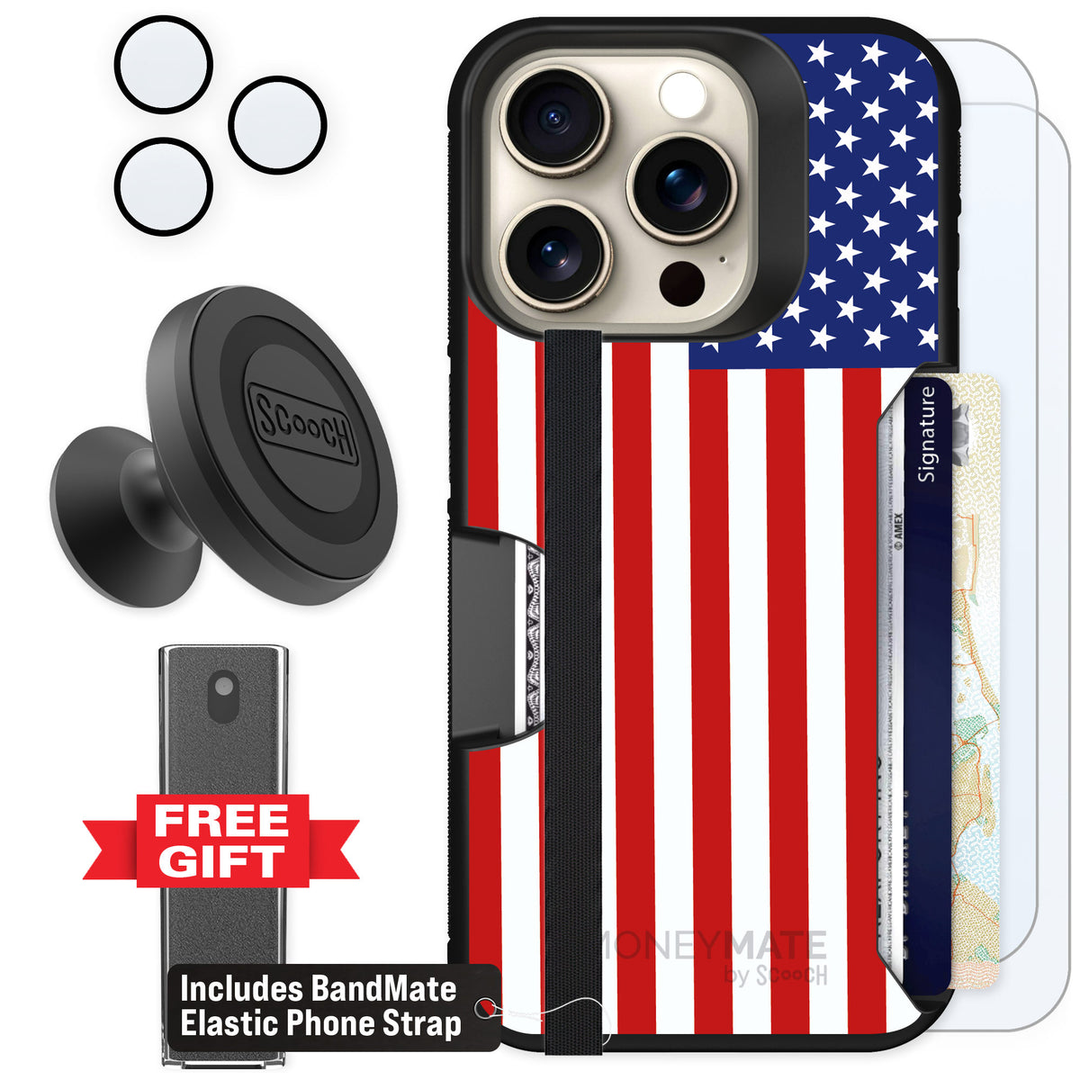 Scooch Moneymate Stars and Stripes for iPhone 15 Pro — Defender Bundle