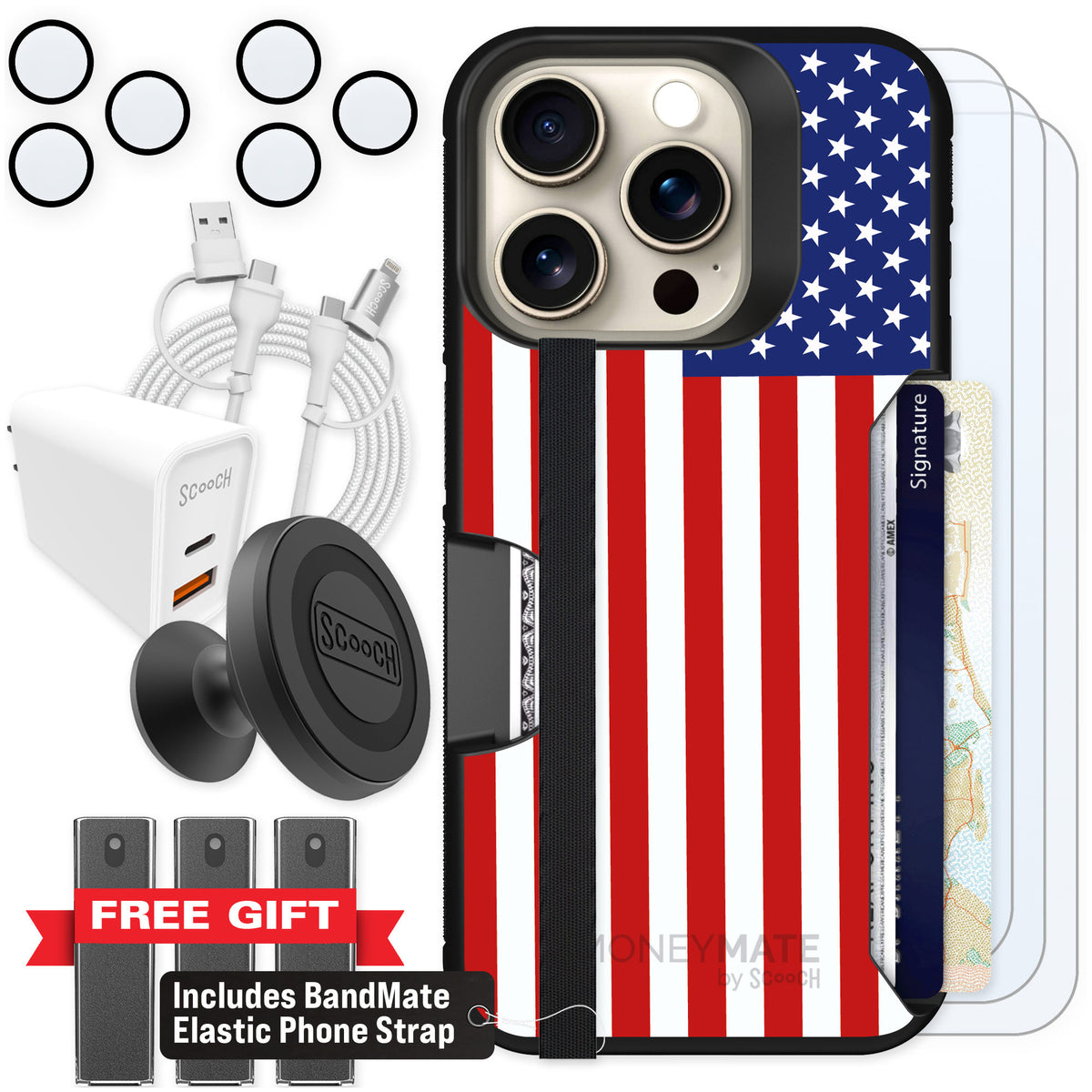 Scooch Moneymate Stars and Stripes for iPhone 15 Pro — Ultimate Bundle