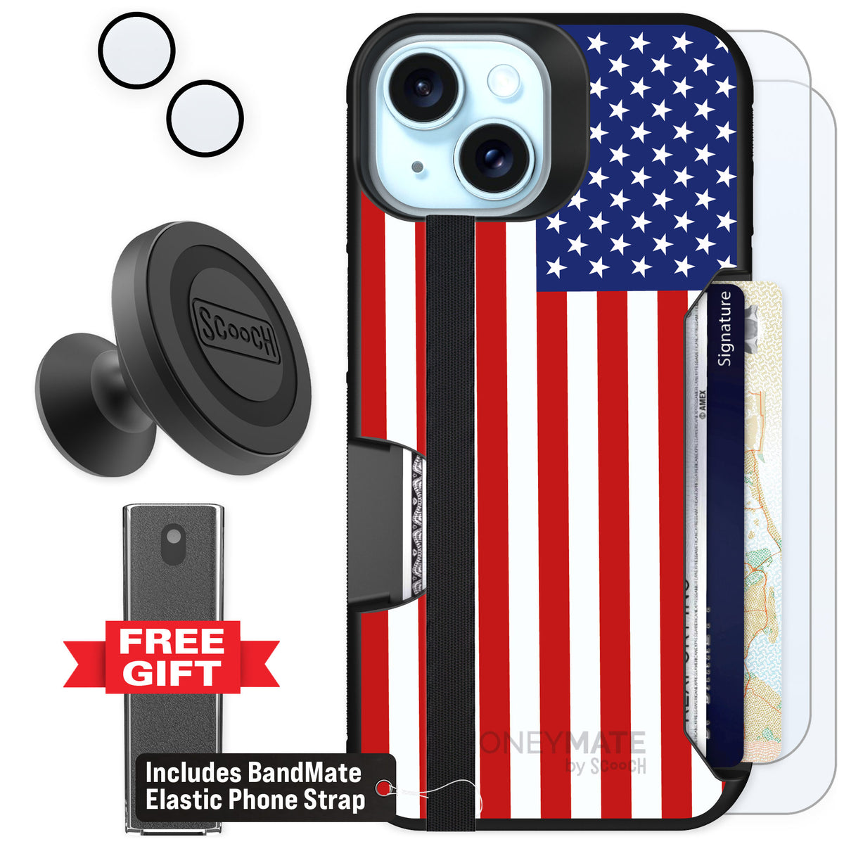 Scooch Moneymate Stars and Stripes for iPhone 15 — Defender Bundle
