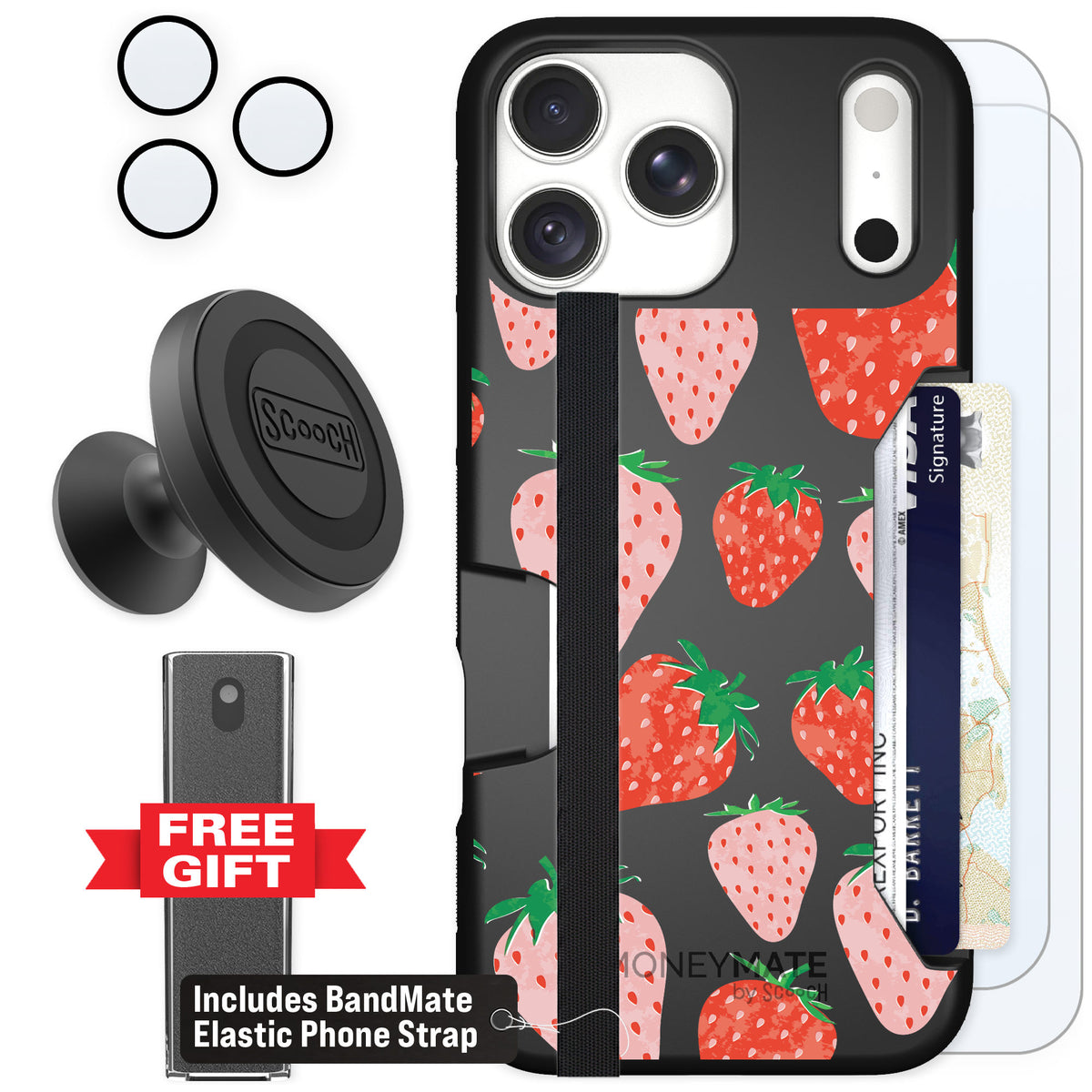 Scooch Moneymate Strawberry Fields for iPhone 18 Pro Max — Defender Bundle