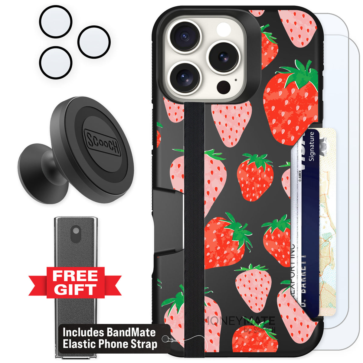 Scooch Moneymate Strawberry Fields for iPhone 16 Pro Max — Defender Bundle