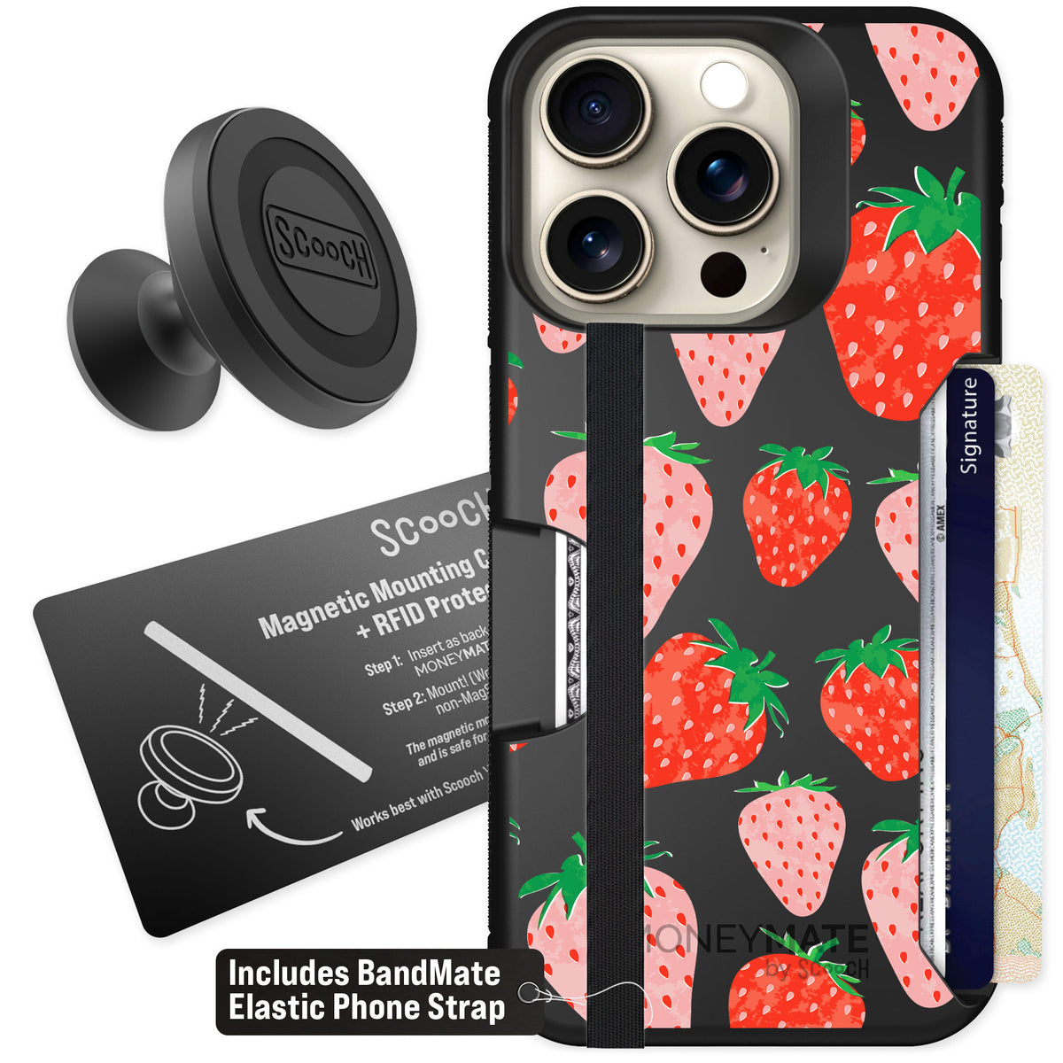 Scooch Moneymate Strawberry Fields for iPhone 15 Pro — Starter Bundle