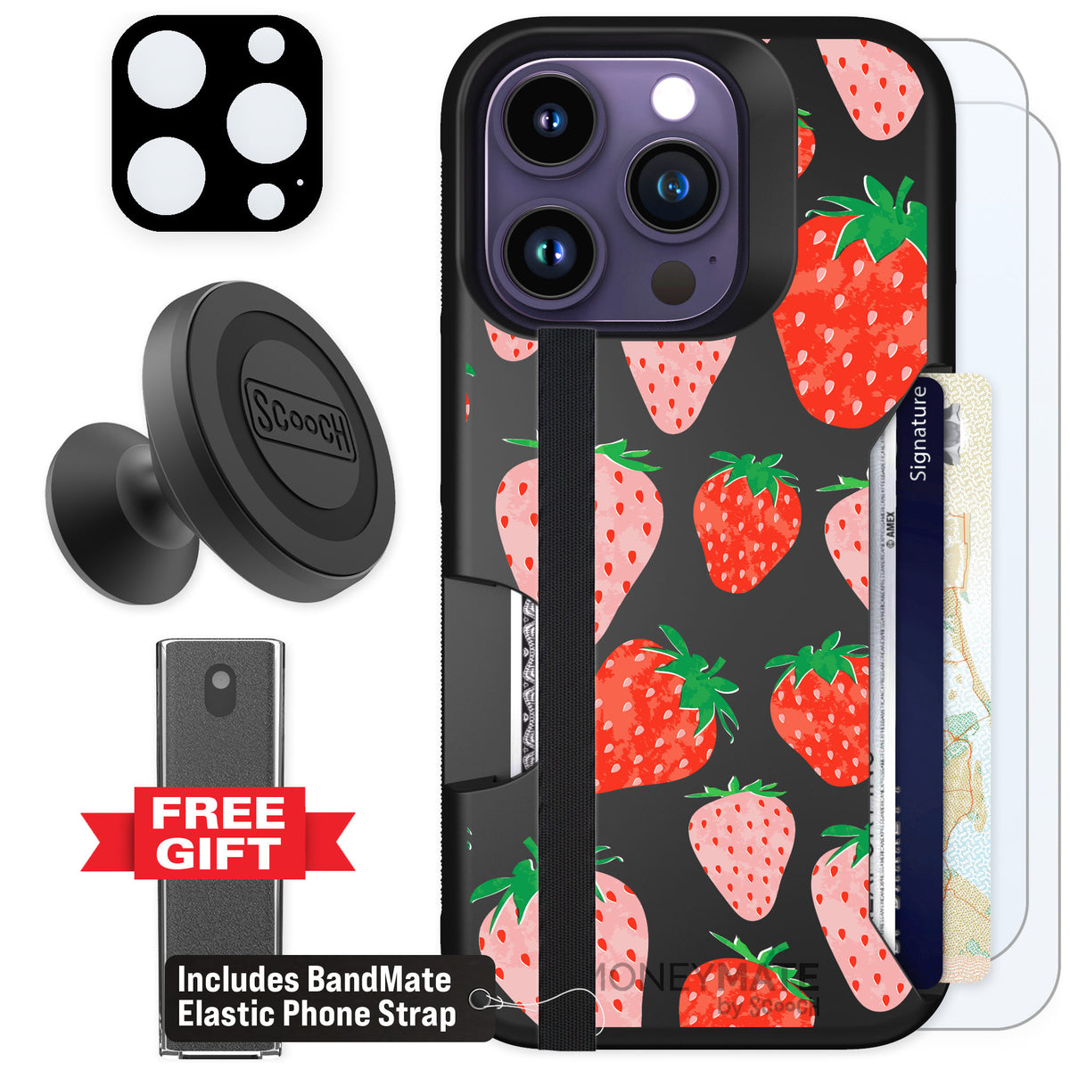 Scooch Moneymate Strawberry Fields for iPhone 14 Pro — Defender Bundle
