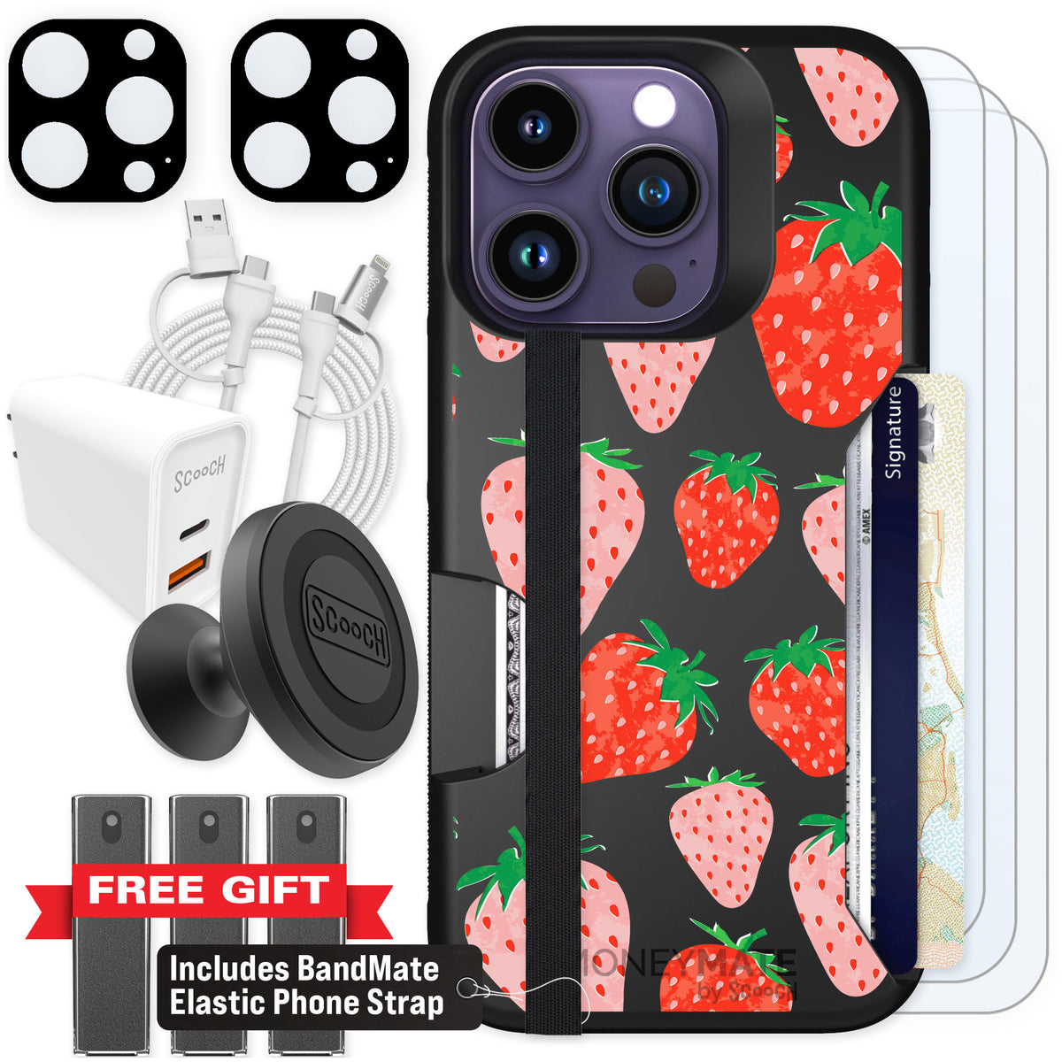 Scooch Moneymate Strawberry Fields for iPhone 14 Pro — Ultimate Bundle