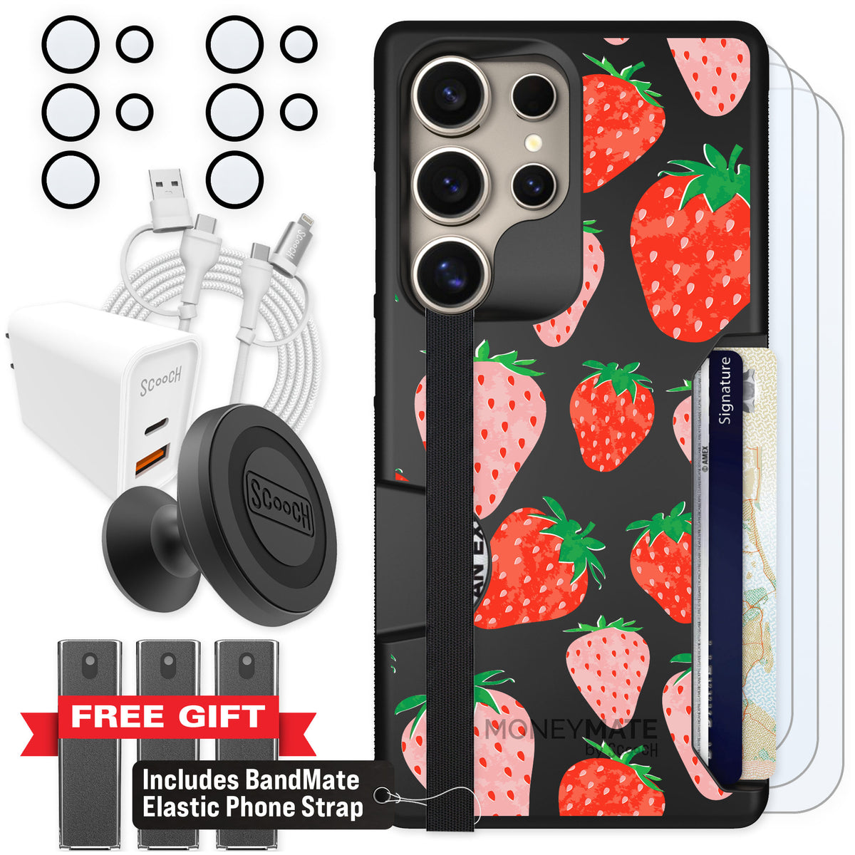 Scooch Moneymate Strawberry Fields for Galaxy S25 Ultra — Ultimate Bundle