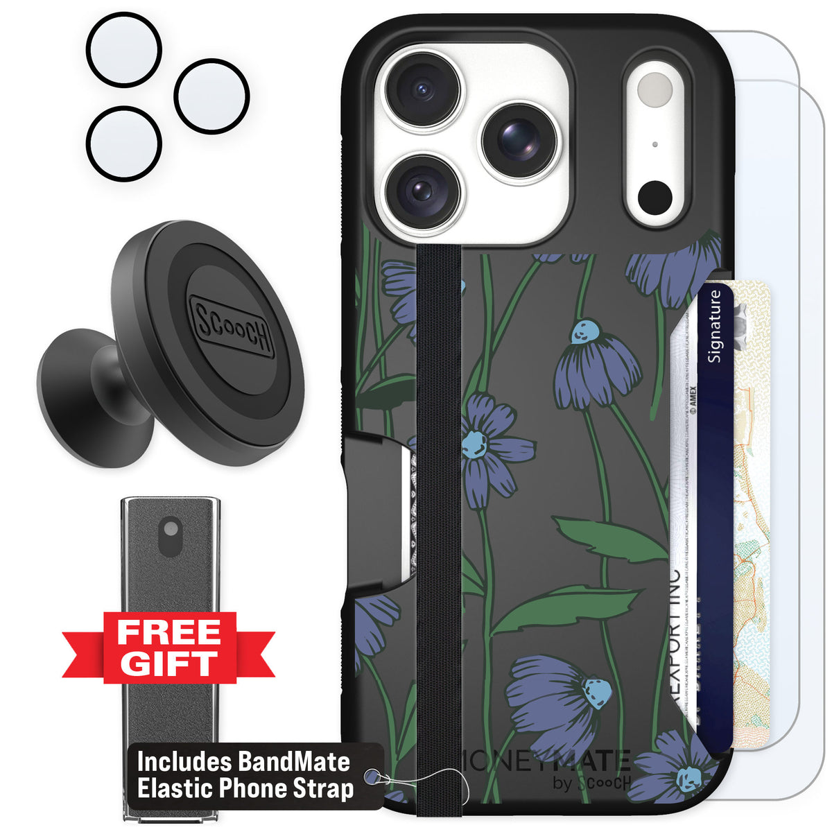 Scooch Moneymate Violet Daisy for iPhone 18 Pro — Defender Bundle