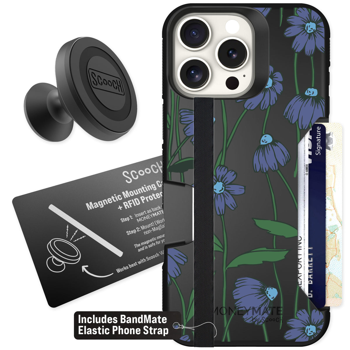 Scooch Moneymate Violet Daisy for iPhone 16 Pro Max — Starter Bundle