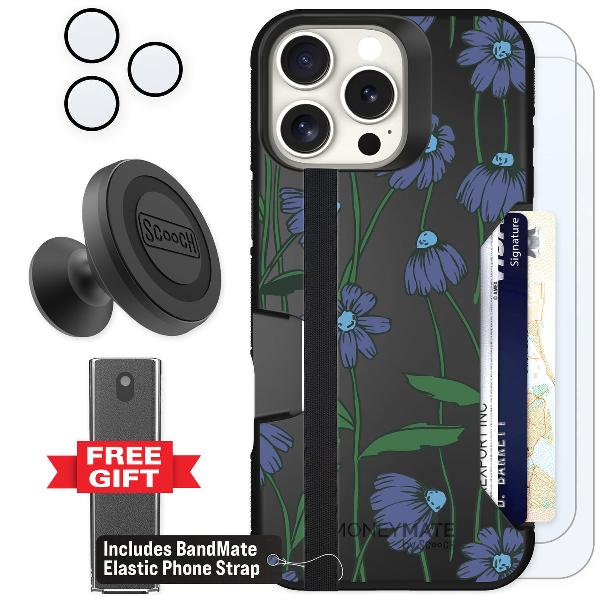 Scooch Moneymate Violet Daisy for iPhone 16 Pro Max — Defender Bundle