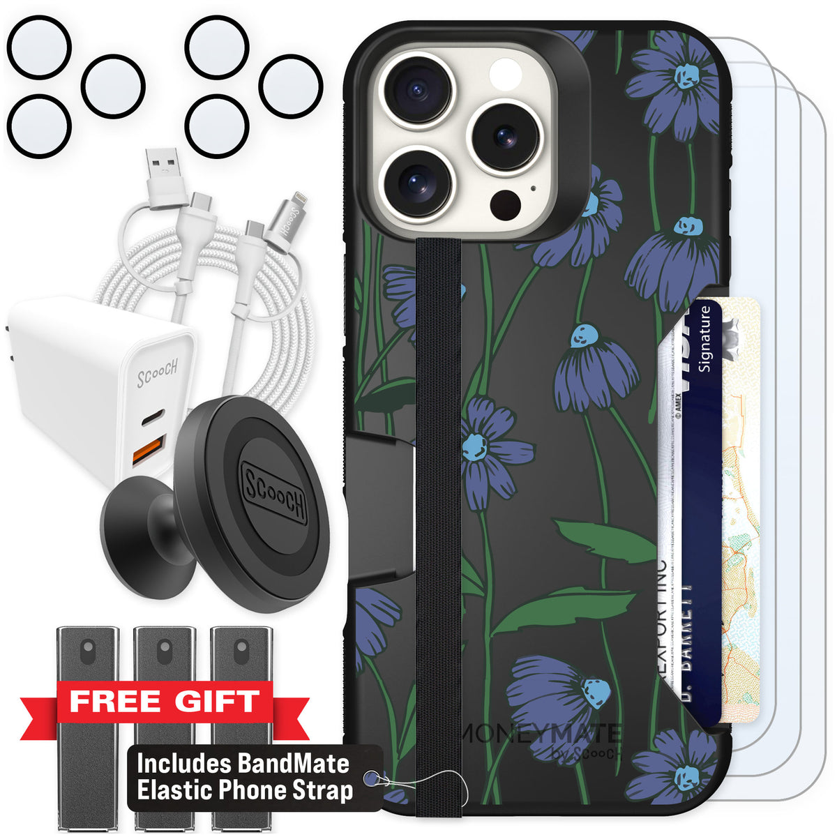 Scooch Moneymate Violet Daisy for iPhone 16 Pro Max — Ultimate Bundle