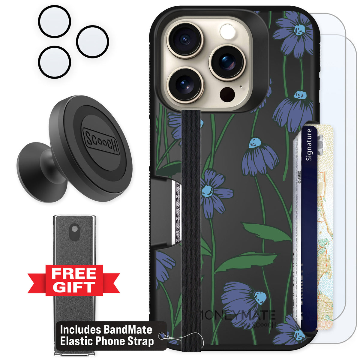 Scooch Moneymate Violet Daisy for iPhone 15 Pro — Defender Bundle